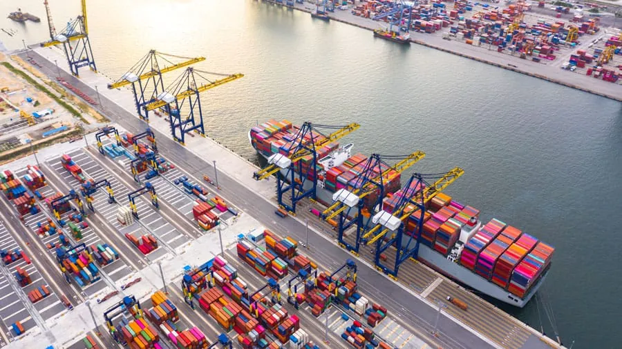 Grúas de puerto descargando contenedores de un buque